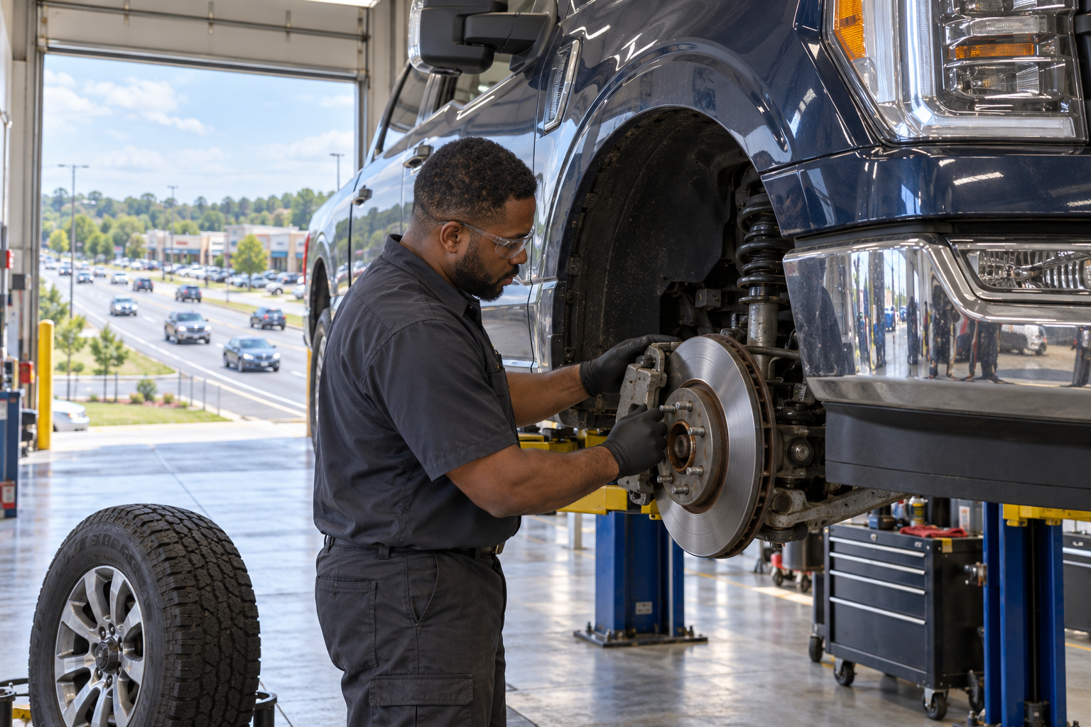 Technician inspecting brakes